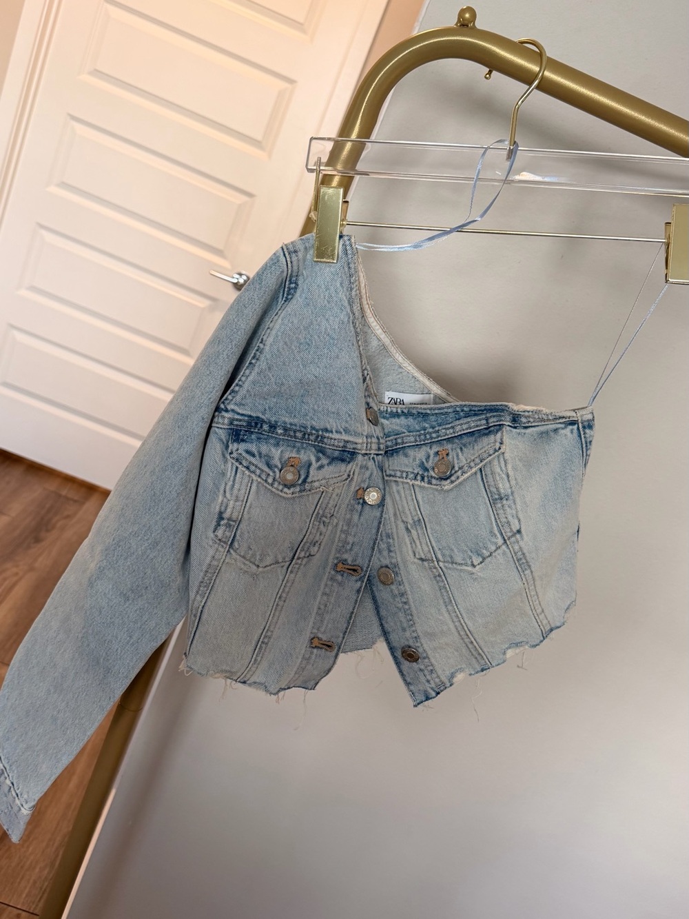Zara Light Blue One-Shoulder Cropped Denim Corset Jacket